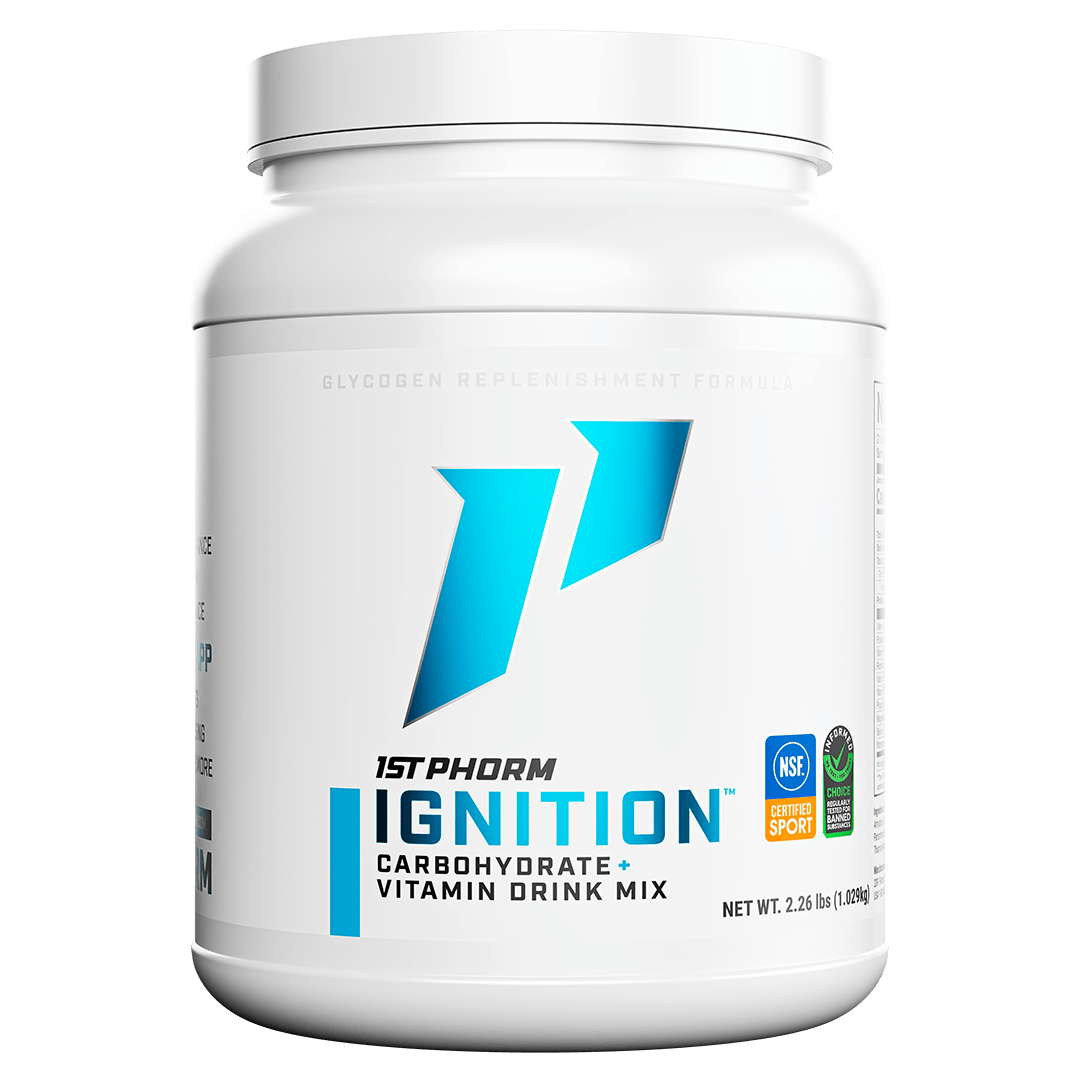 White container of 1st Phorm Ignition carbohydrate and vitamin drink mix, 2.26-pound container
