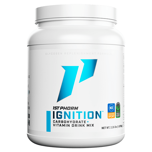 White container of 1st Phorm Ignition carbohydrate and vitamin drink mix, 2.26-pound container