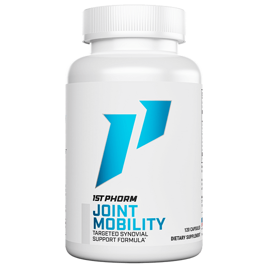White bottle of 1st Phorm Joint Mobility targeted synovial support formula, 120 capsules
