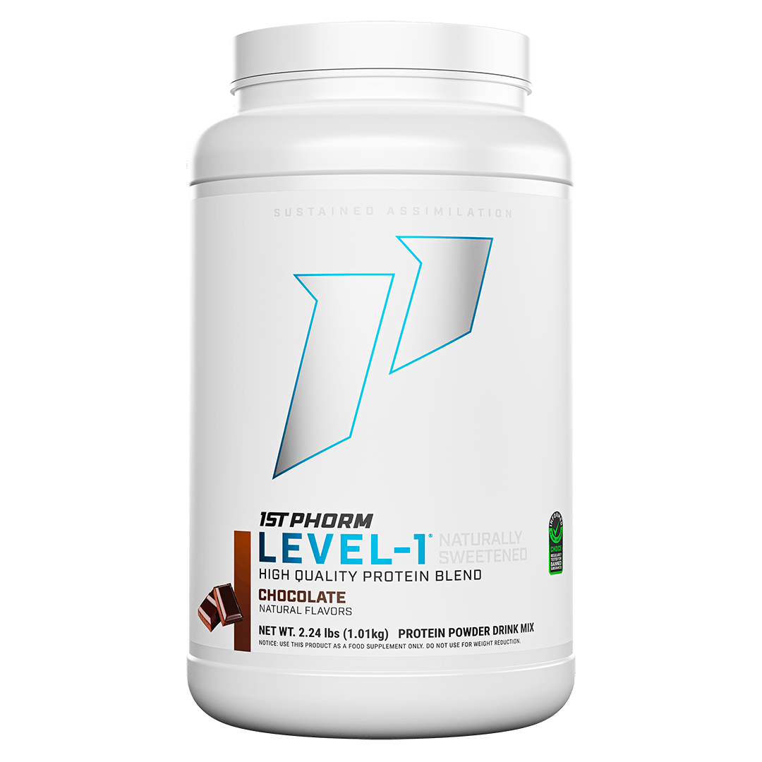 Tub of 1st Phorm Level-1 Natural, Chocolate, net weight 2.24 lb