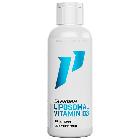 White bottle of 1st Phorm Liposomal Vitamin D3 liquid, 4 fluid ounces