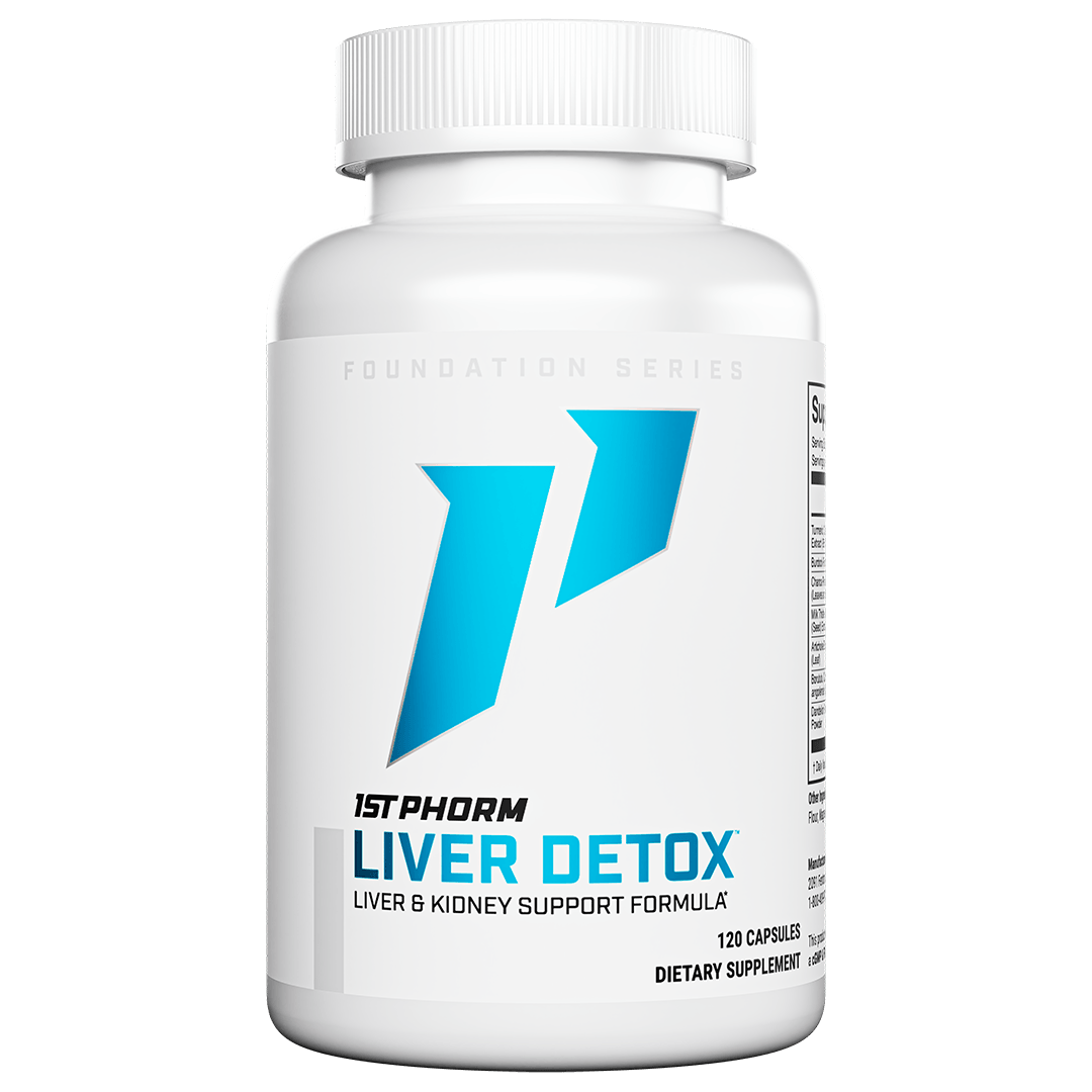White bottle of 1st Phorm Liver Detox liver and kidney support formula, 120 capsules