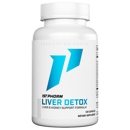 White bottle of 1st Phorm Liver Detox liver and kidney support formula, 120 capsules