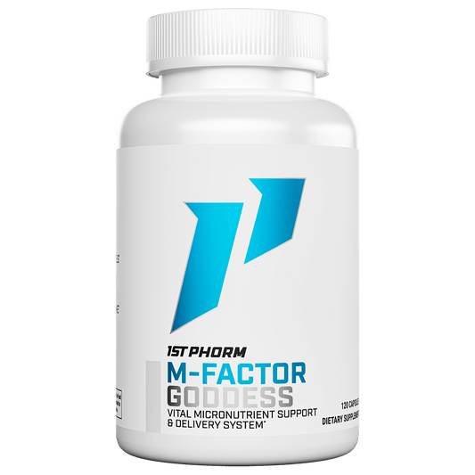 White bottle of 1st Phorm M-Factor Goddess women's multivitamin, 120 capsules