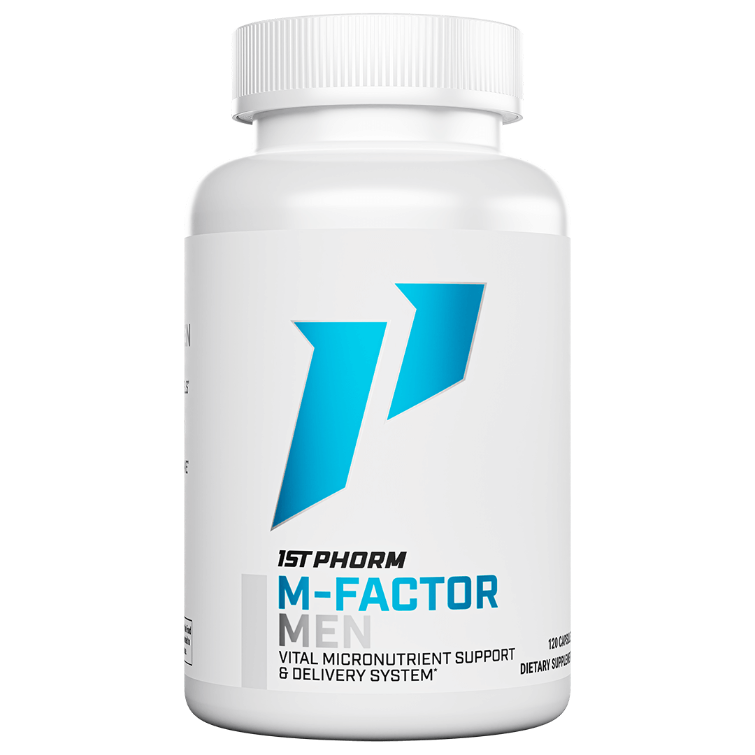 White bottle of 1st Phorm M-Factor Men multivitamin, 120 capsules
