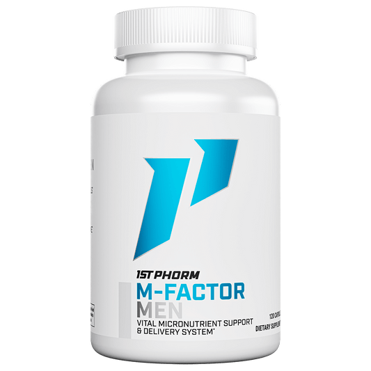 White bottle of 1st Phorm M-Factor Men multivitamin, 120 capsules