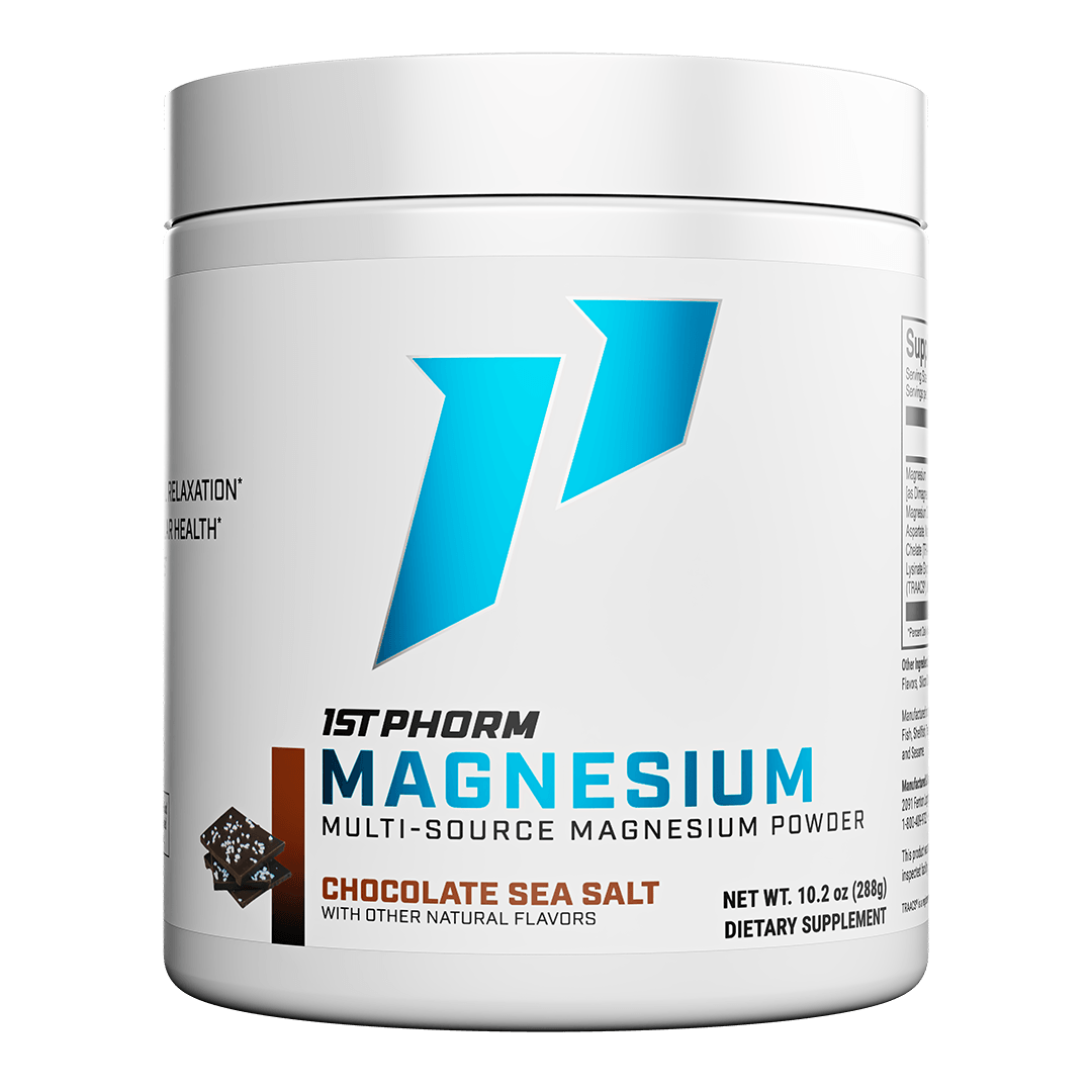 Tub of 1st Phorm Magnesium, Chocolate Sea Salt, net weight 0.63 lb