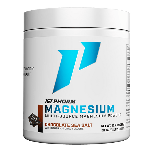Tub of 1st Phorm Magnesium, Chocolate Sea Salt, net weight 0.63 lb