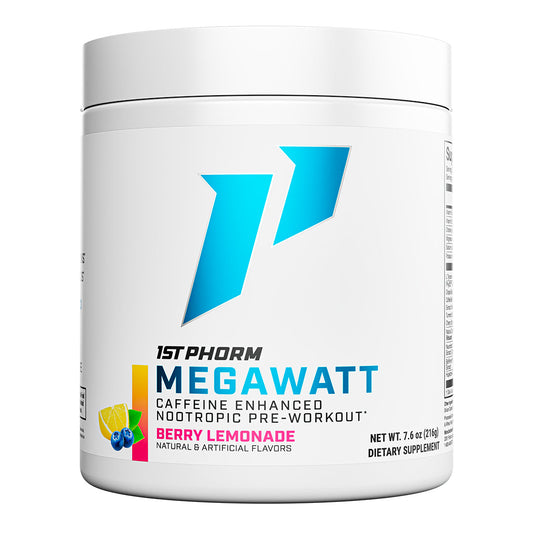 Tub of 1st Phorm Megawatt Pre-Workout, Berry Lemonade, net weight 0.48 lb