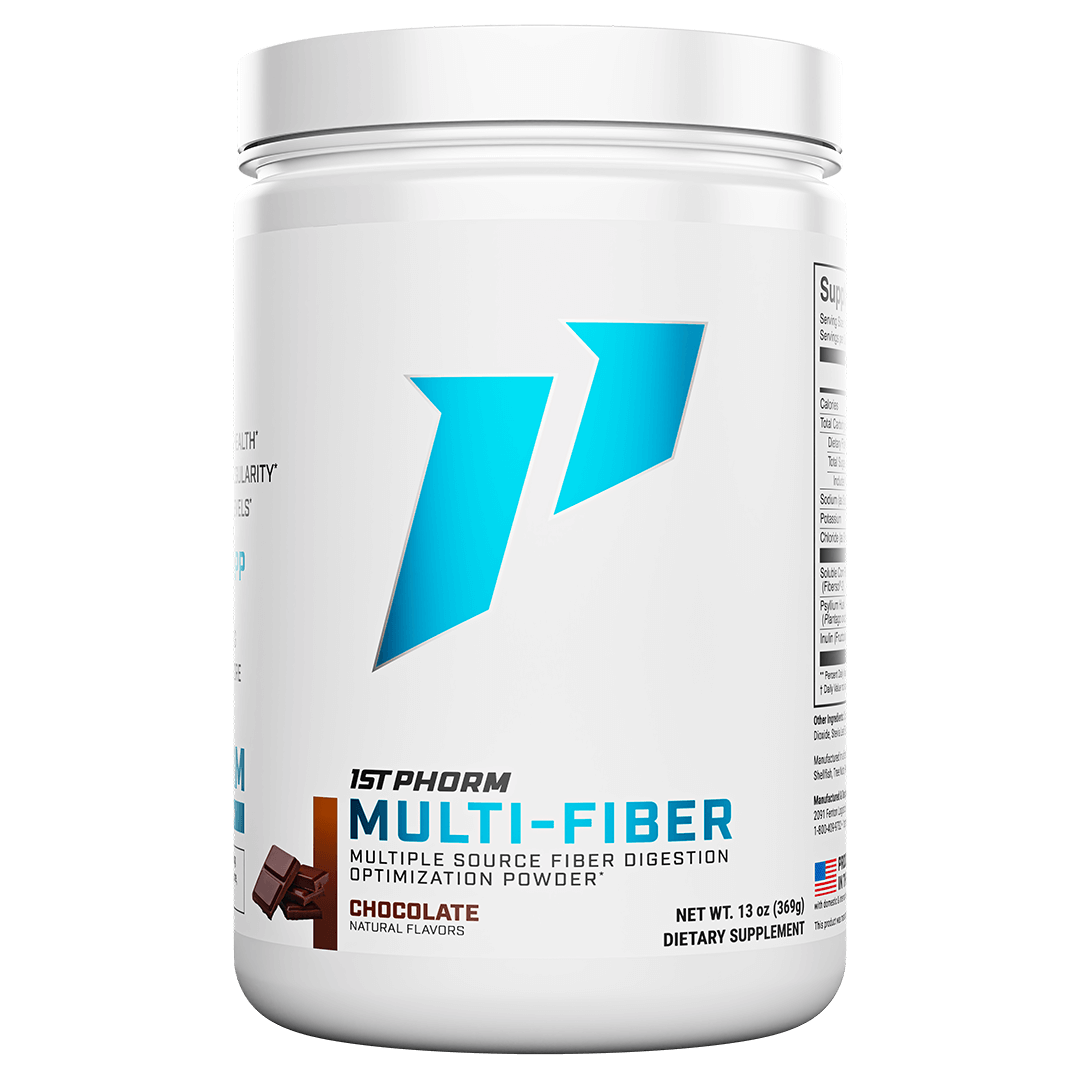 Tub of 1st Phorm Multi-Fiber, Chocolate, net weight 0.81 lb
