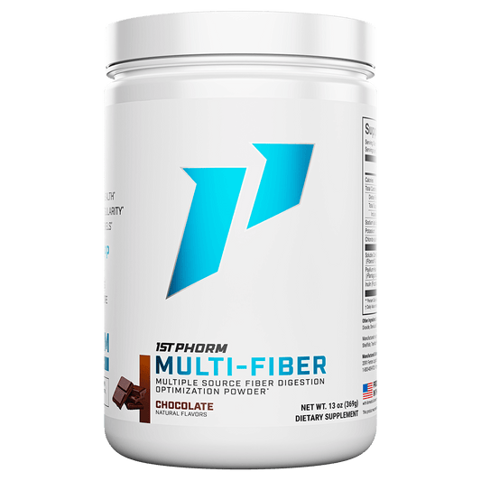 Tub of 1st Phorm Multi-Fiber, Chocolate, net weight 0.81 lb