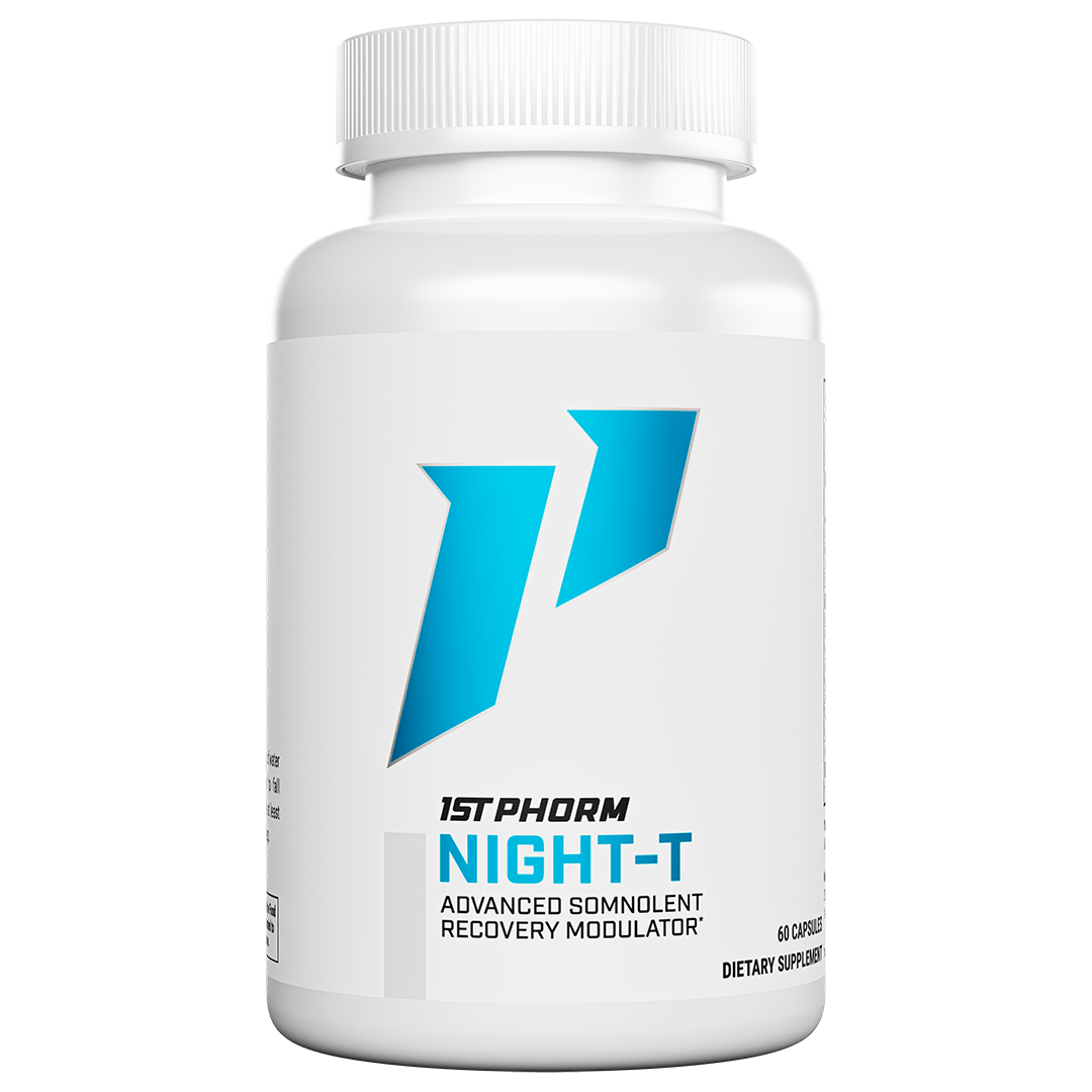 White bottle of 1st Phorm Night-T sleep and recovery formula, 60 capsules