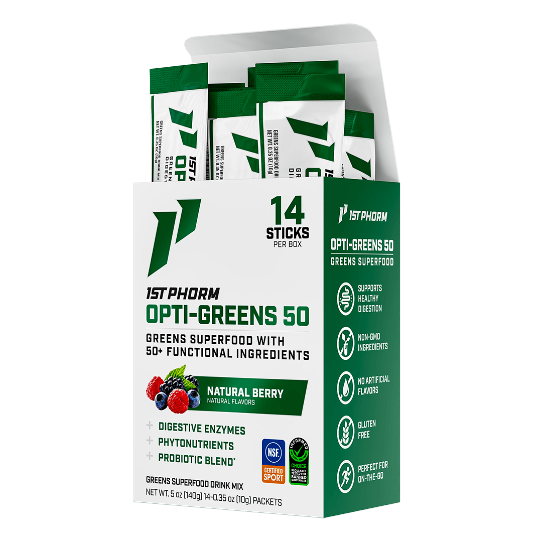 Box of 1st Phorm Opti-Greens 50 Natural Berry, 14 stick packs, net weight 5 oz