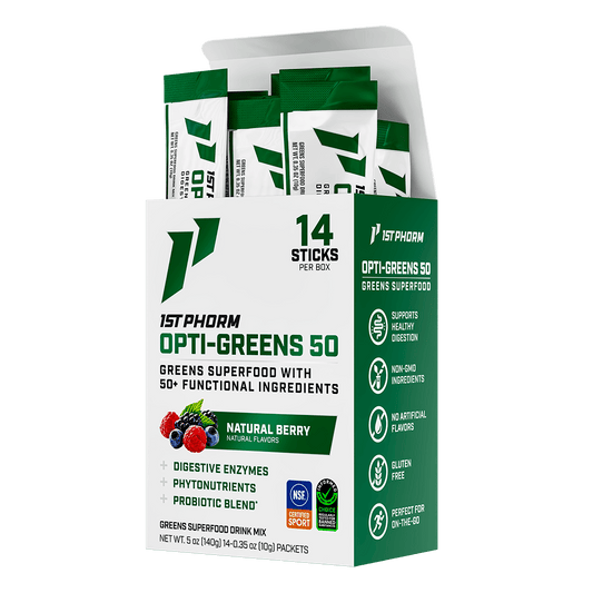 Box of 1st Phorm Opti-Greens 50 Natural Berry, 14 stick packs, net weight 5 oz