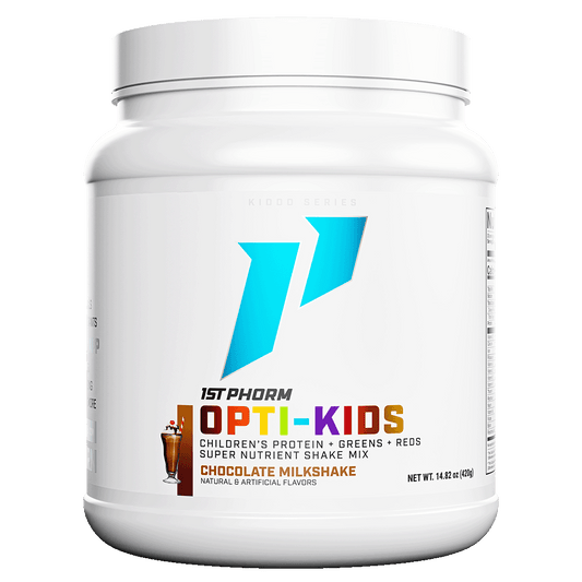 Tub of 1st Phorm Opti-Kids Chocolate Milkshake children's nutrient shake mix, net weight 14.82 oz