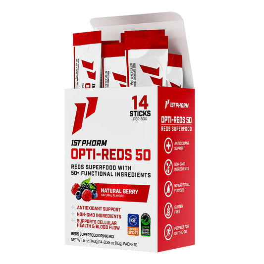 Box of 1st Phorm Opti-Reds 50 Natural Berry reds superfood, 14 stick packs, net weight 5 oz