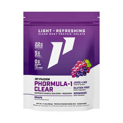 Bag of 1st Phorm Phormula-1 Clear, Grape, net weight 1.11 lb