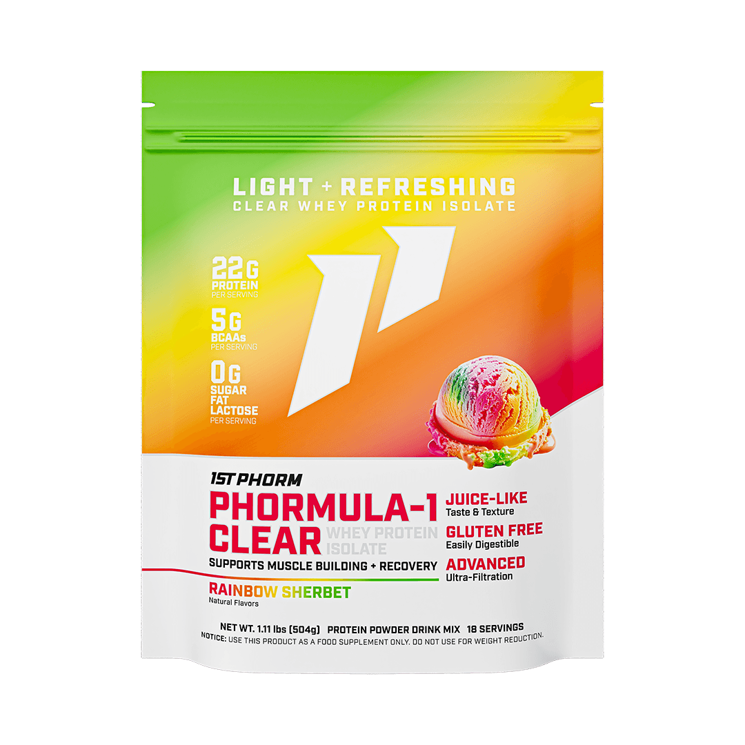 Bag of 1st Phorm Phormula-1 Clear, Rainbow Sherbet, net weight 1.11 lb