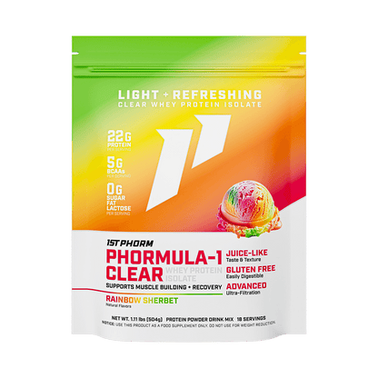 Bag of 1st Phorm Phormula-1 Clear, Rainbow Sherbet, net weight 1.11 lb