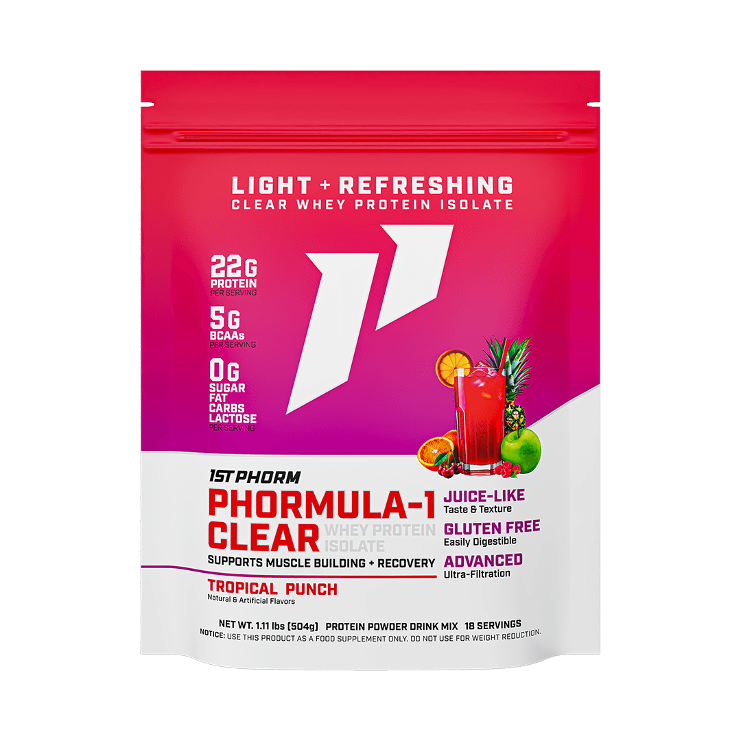 Bag of 1st Phorm Phormula-1 Clear, Tropical Punch, net weight 1.11 lb