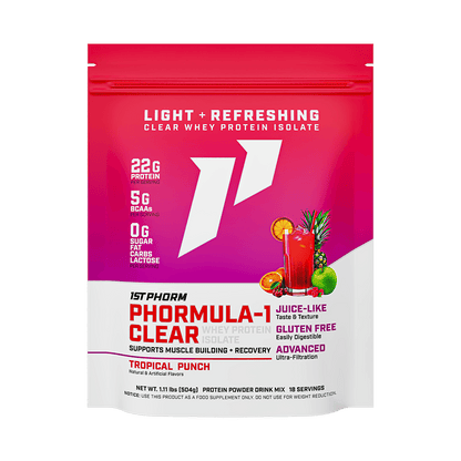 Bag of 1st Phorm Phormula-1 Clear, Tropical Punch, net weight 1.11 lb