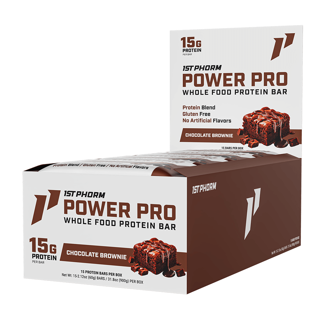 1st Phorm Power Pro Chocolate Brownie whole food protein bar, shown in 15-count box
