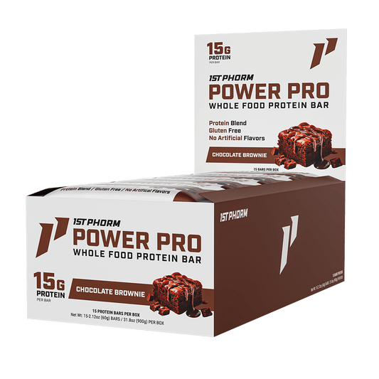 1st Phorm Power Pro Chocolate Brownie whole food protein bar, shown in 15-count box
