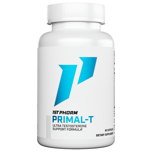 White bottle of 1st Phorm Primal-T testosterone support formula, 60 capsules