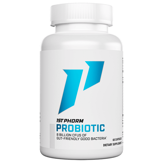 White bottle of 1st Phorm Probiotic, 8 billion CFUs, 60 capsules