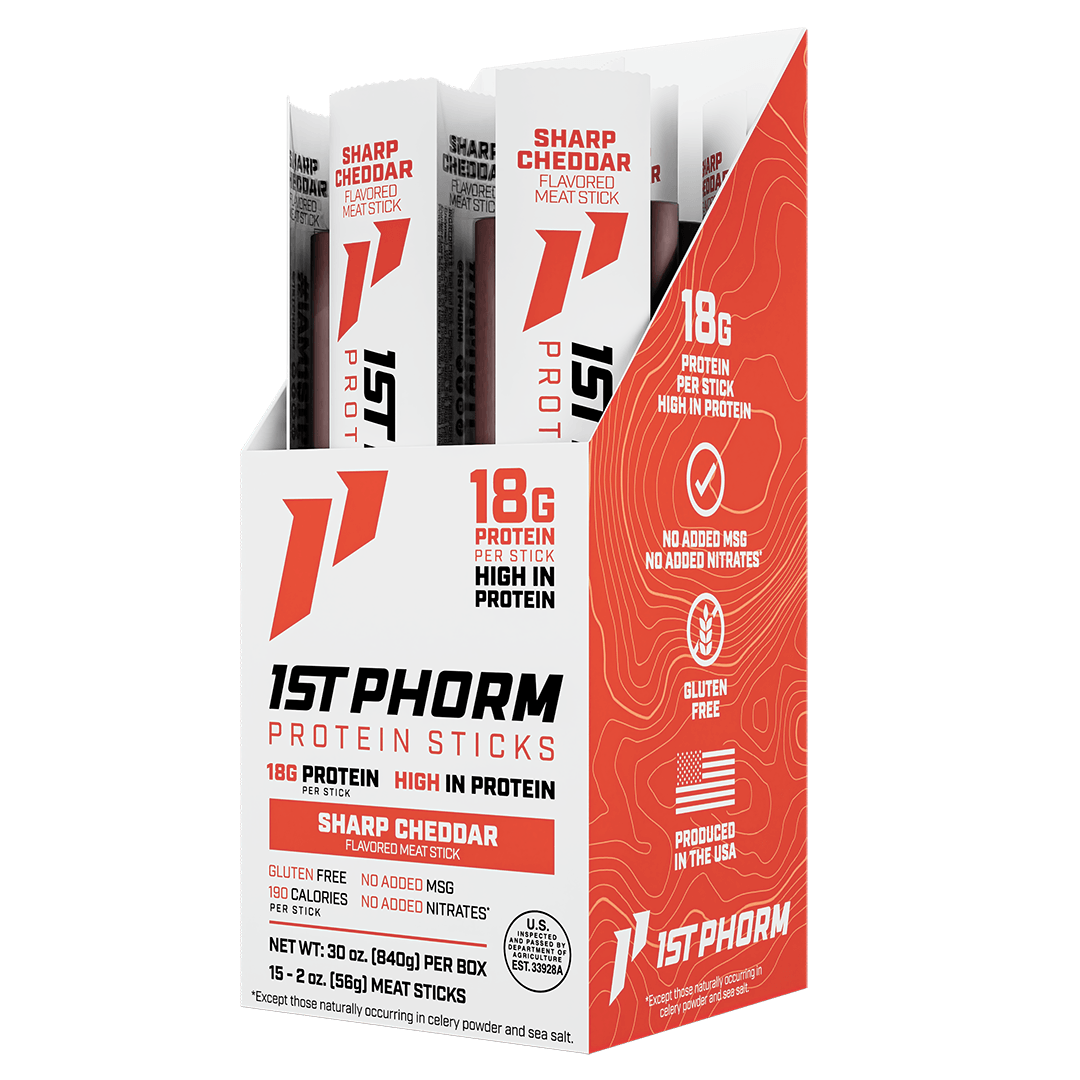 Box of 15 1st Phorm Sharp Cheddar protein meat sticks, 2 oz each