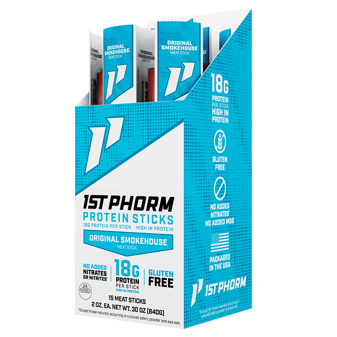 Box of 15 1st Phorm Original Smokehouse protein meat sticks, 2 oz each