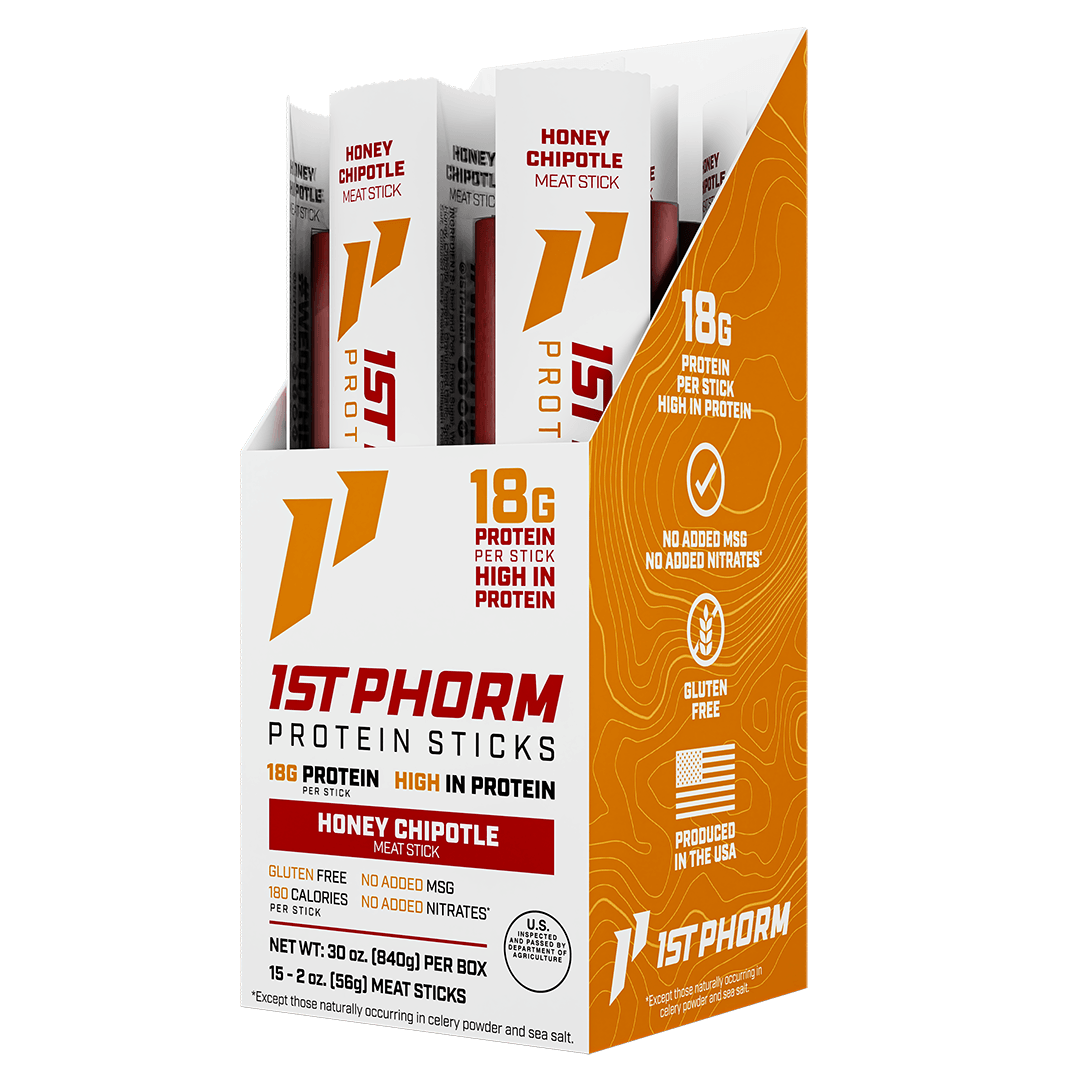 Box of 15 1st Phorm Honey Chipotle protein meat sticks, 2 oz each