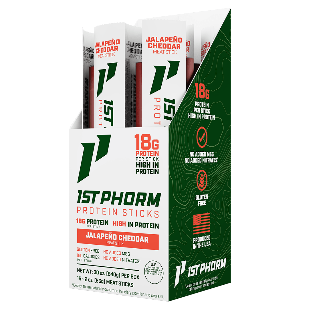 Box of 15 1st Phorm Jalapeno Cheddar protein meat sticks, 2 oz each