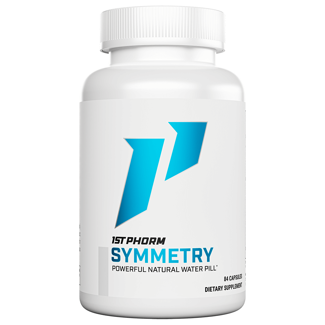 White bottle of 1st Phorm Symmetry natural water pill, 84 capsules