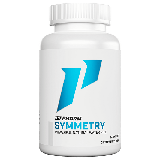 White bottle of 1st Phorm Symmetry natural water pill, 84 capsules