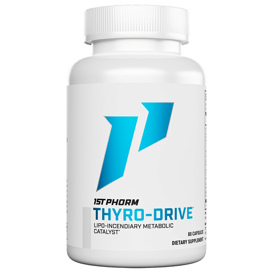 White bottle of 1st Phorm Thyro-Drive metabolic formula, 80 capsules