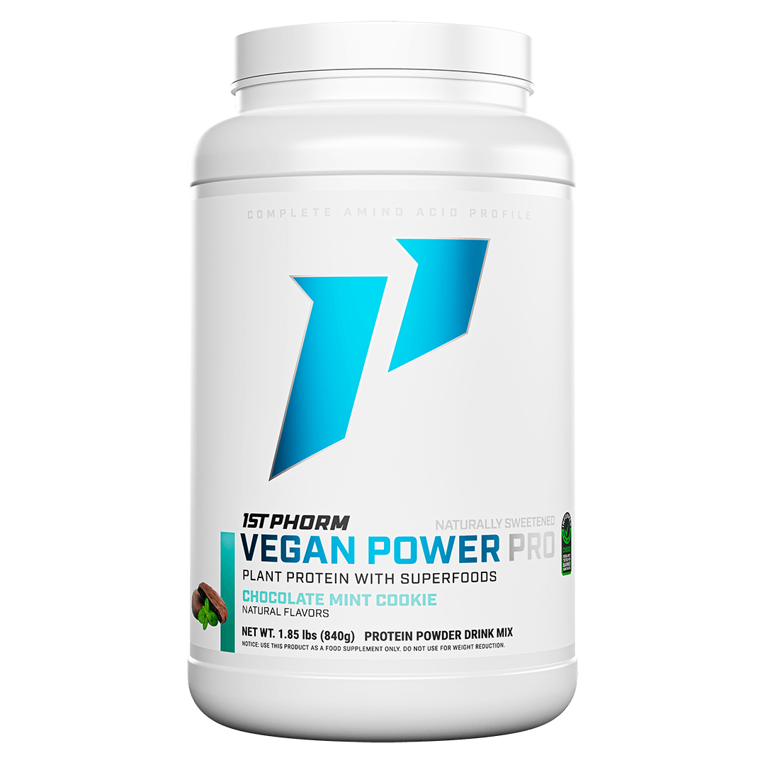 Tub of 1st Phorm Vegan Power Pro, Chocolate Mint, net weight 1.85 lb
