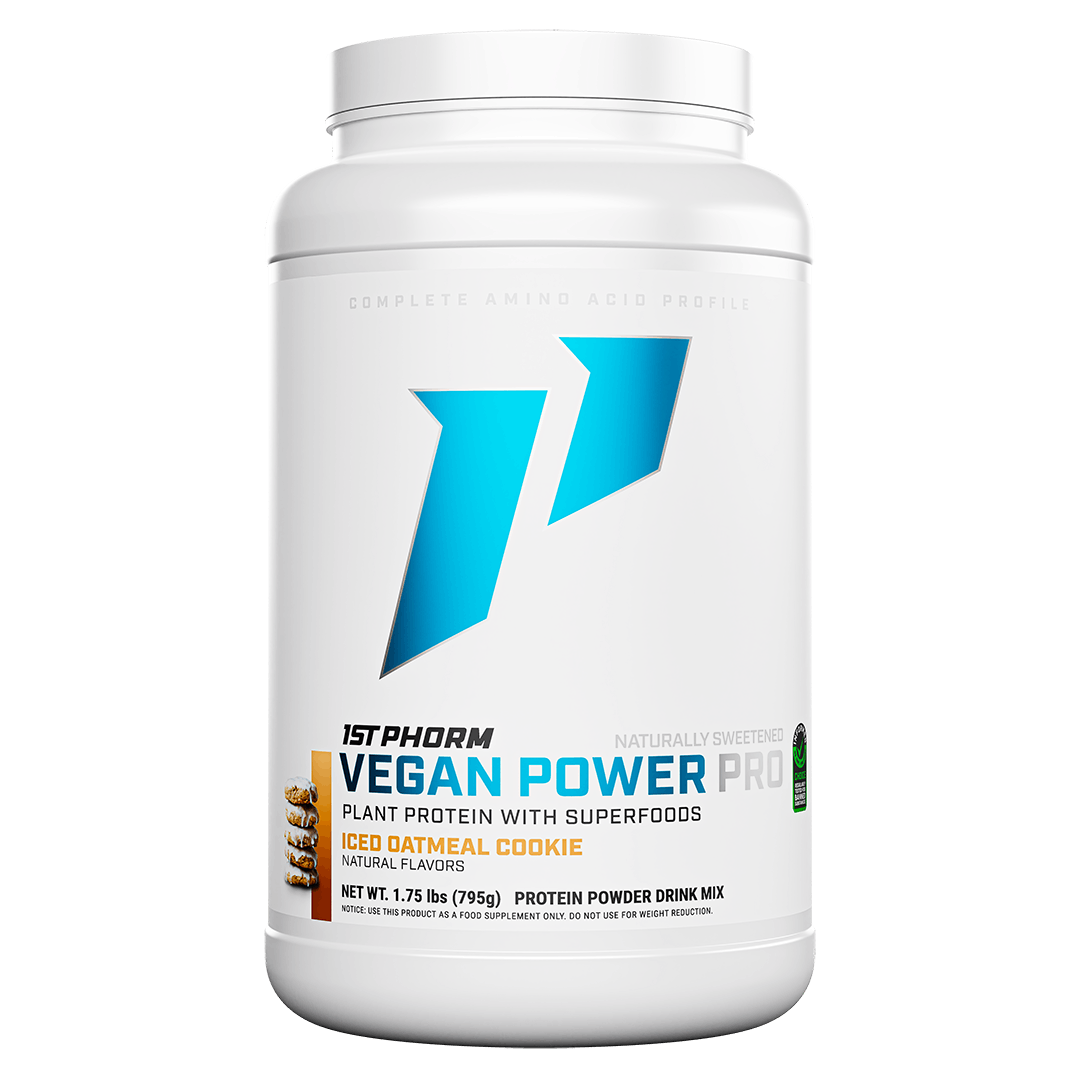 Tub of 1st Phorm Vegan Power Pro, Iced Oatmeal Cookie, net weight 1.75 lb