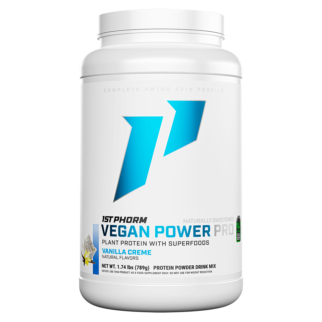 Tub of 1st Phorm Vegan Power Pro, Vanilla Creme, net weight 1.74 lb