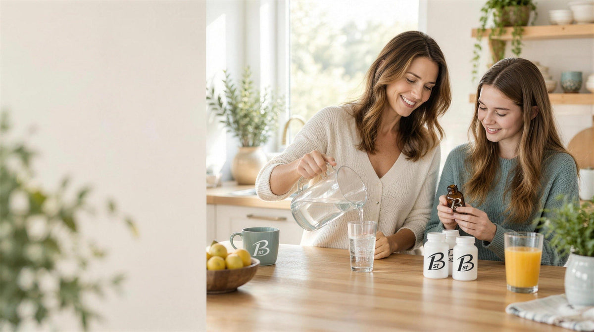 Mother and daughter at a sunny kitchen counter with water and vitamins