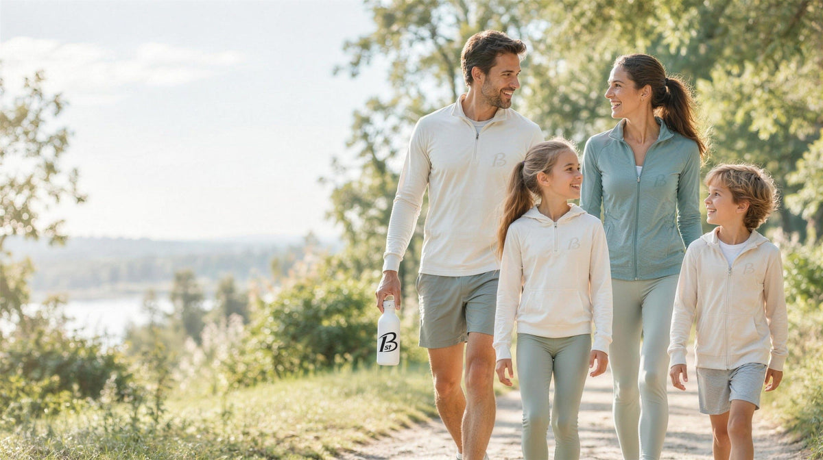 Family walking together on a sunny park trail